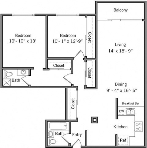 2G - 2 Bedroom 2 Bath Floor Plan Layout - 1107 Square Feet